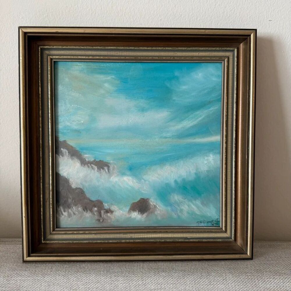 Coastal Seascape Oil Painting – Signed & Framed (1985) 13x13